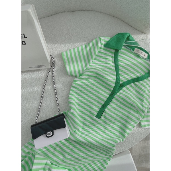 ĐẦM MIDI BODY SỌC XANH CỔ POLO