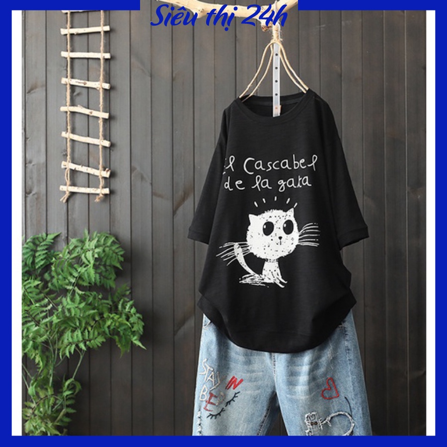 Áo thun form rộng tay lỡ, áo phông unisex Siêu thị 24 giờ in hình Mèo, chữ Cascabel dela gaka