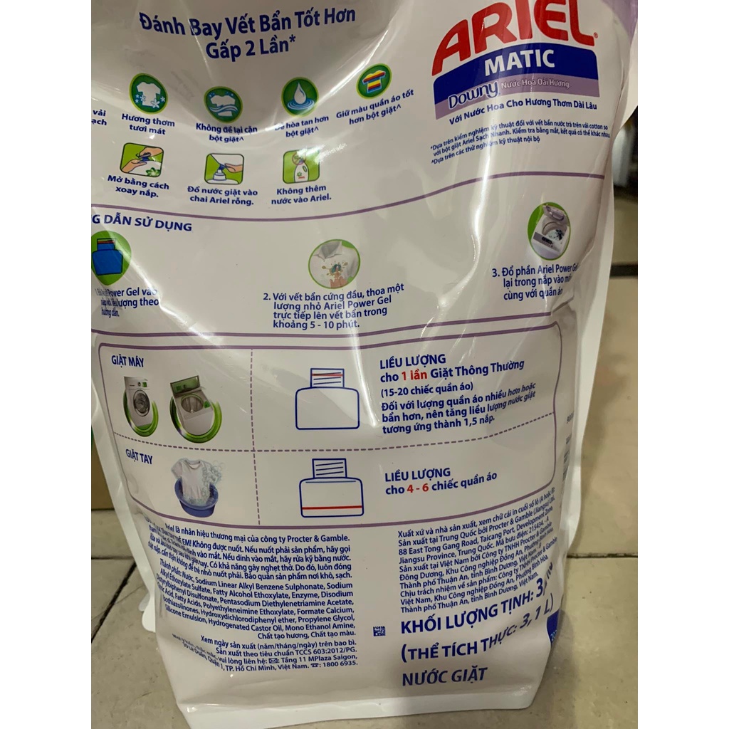 Nước giặt Ariel Matic đậm đặc hương Downy/oải hương/sạch nhanh 3.2kg