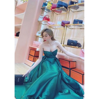 Đầm maxi lụa satin cúp ngực dáng xòe sang trọng