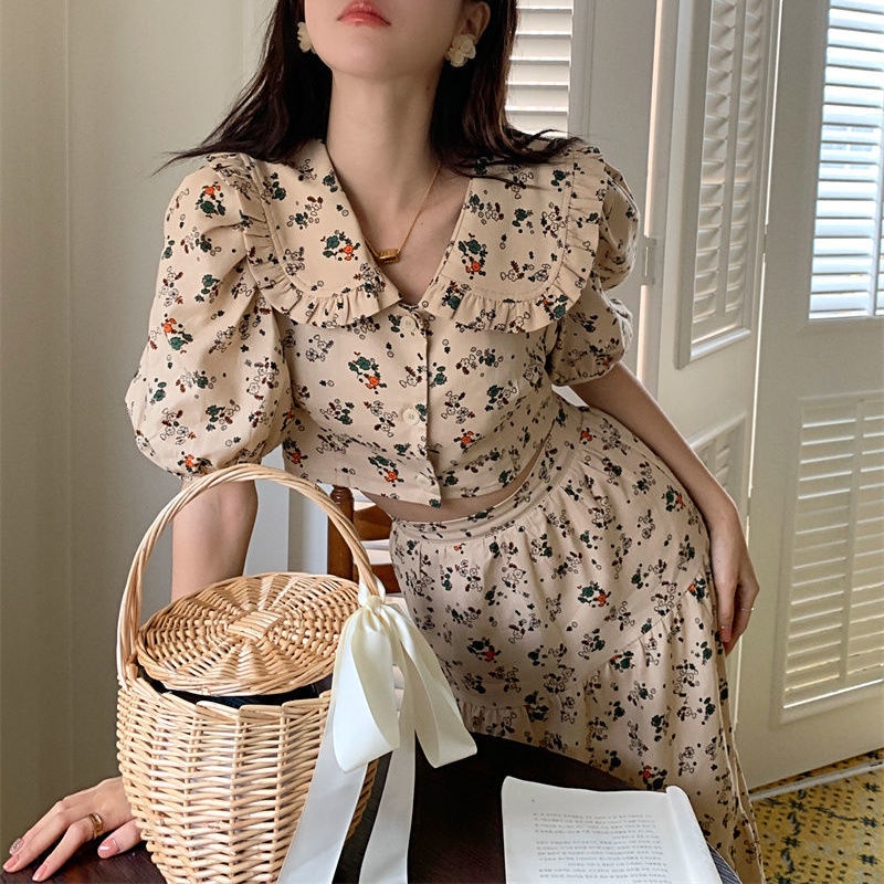 Set áo tay bong bóng kèm chân váy dáng chữ A thời trang phong cách Hàn Quốc xinh xắn