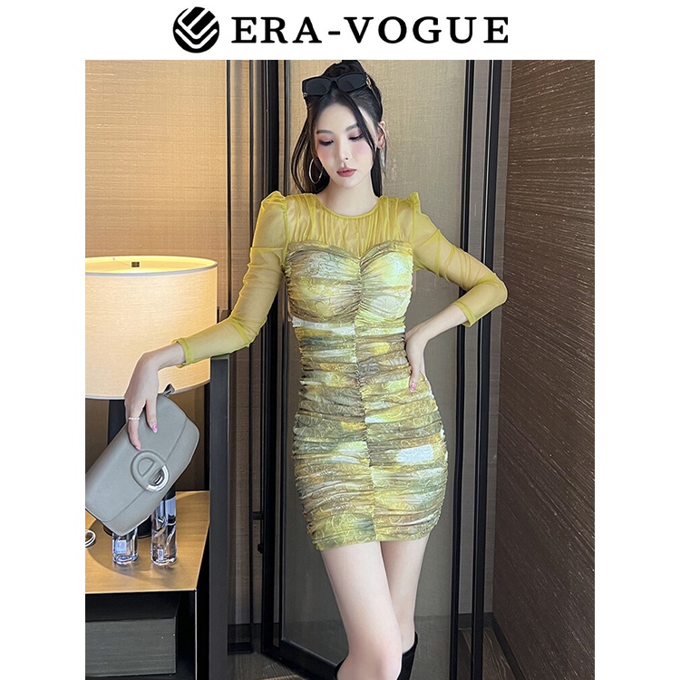 EraVogue đầm body nữ ôm body sexy lưới thép thiết kế gấp nếp váy ngắn sexy váy ngang hông 20155
