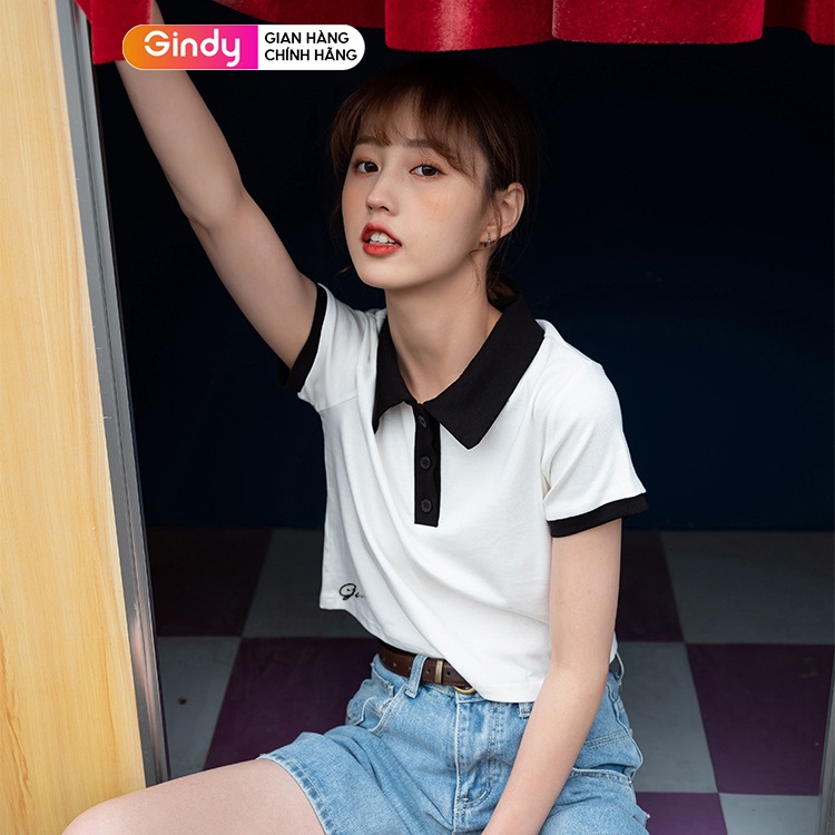 Áo polo nữ croptop có cổ chất cotton GINDY form unisex basic màu đen và trắng đủ size thoáng mát thời trang A8103