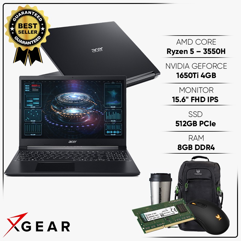 Laptop Acer Aspire 7 2020 A715-41G-R282  15FHDIPS/R5-3550H/8GB 2666/512 PCIe/Win/GTX 1650Ti 4G GDDR4/Plastic/2.1kg Đen