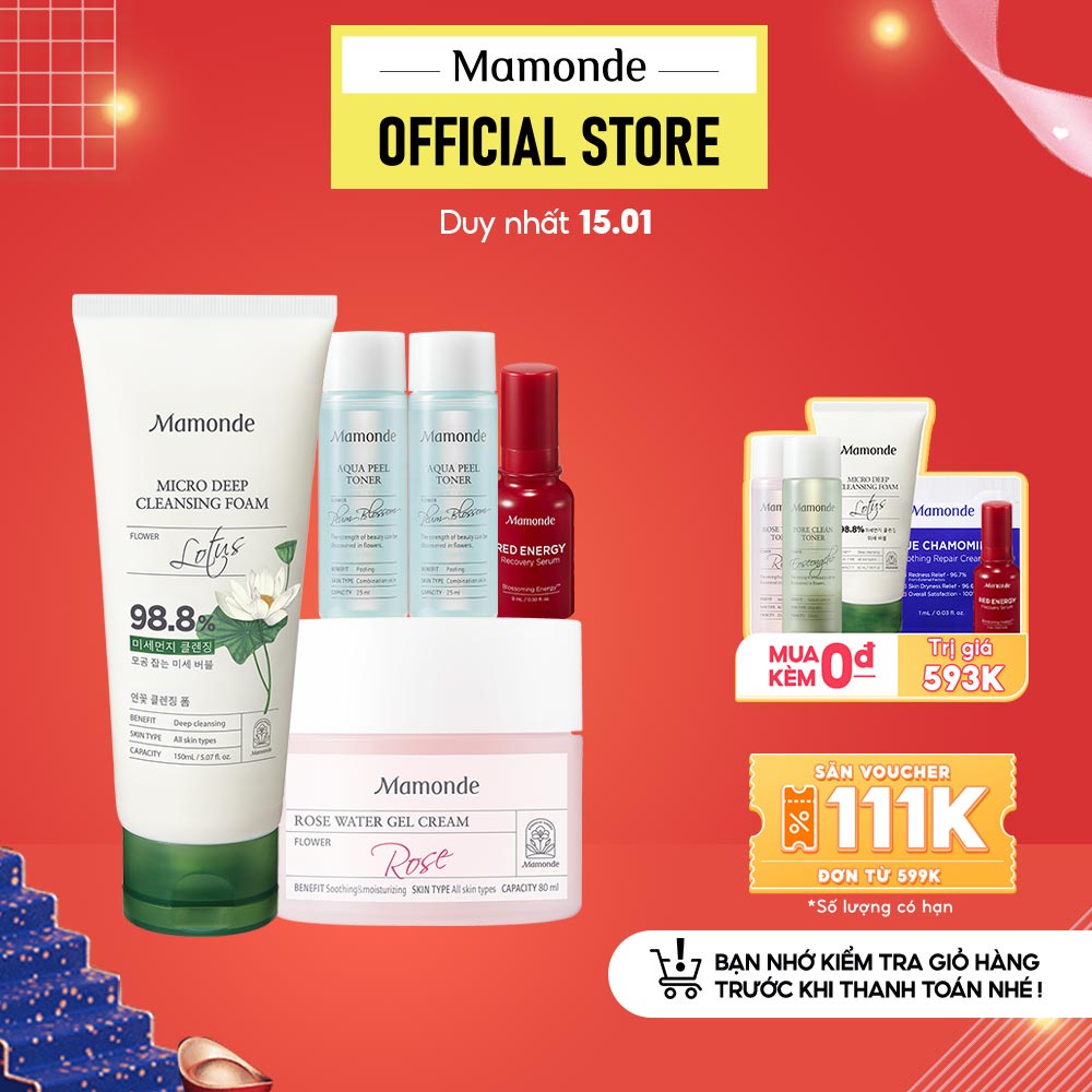 Bộ sản phẩm làm sạch &amp; cân bằng da Mamonde Aqua peel 25ml + Gel dưỡng ẩm 80 ml + Red Energy Serum 9m