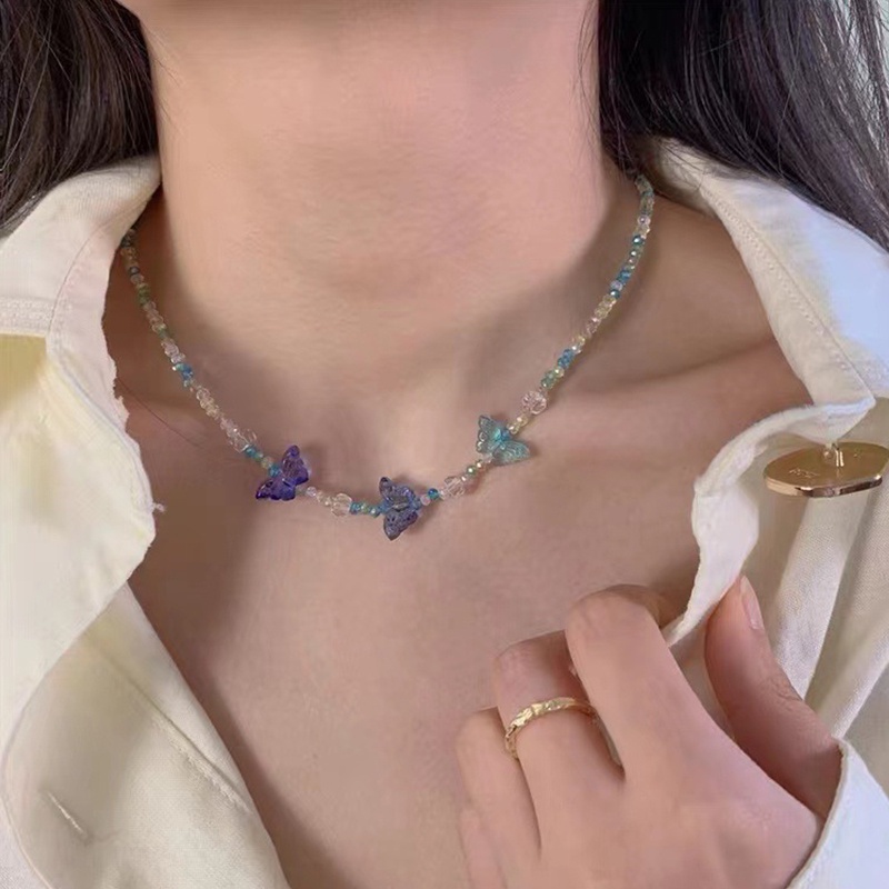 Vòng cổ Chuỗi Hạt Pha Lê Xanh Dương Handmade Mặt Bướm