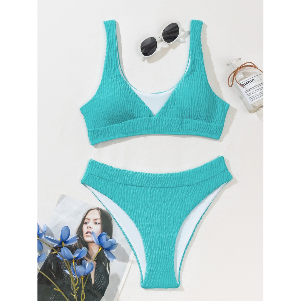 Bikini kiểu xếp ly cổ chữ V màu trơn cho nữ Zms35 | BigBuy360 - bigbuy360.vn