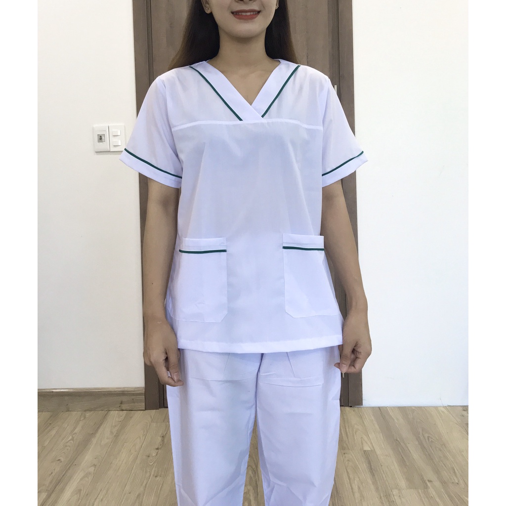 Bộ blouse cổ tim viền xanh lá cây nam nữ cộc tay - bộ scrubs kỹ thuật viên cho điều dưỡng, dược sỹ, y tá, bác sĩ .
