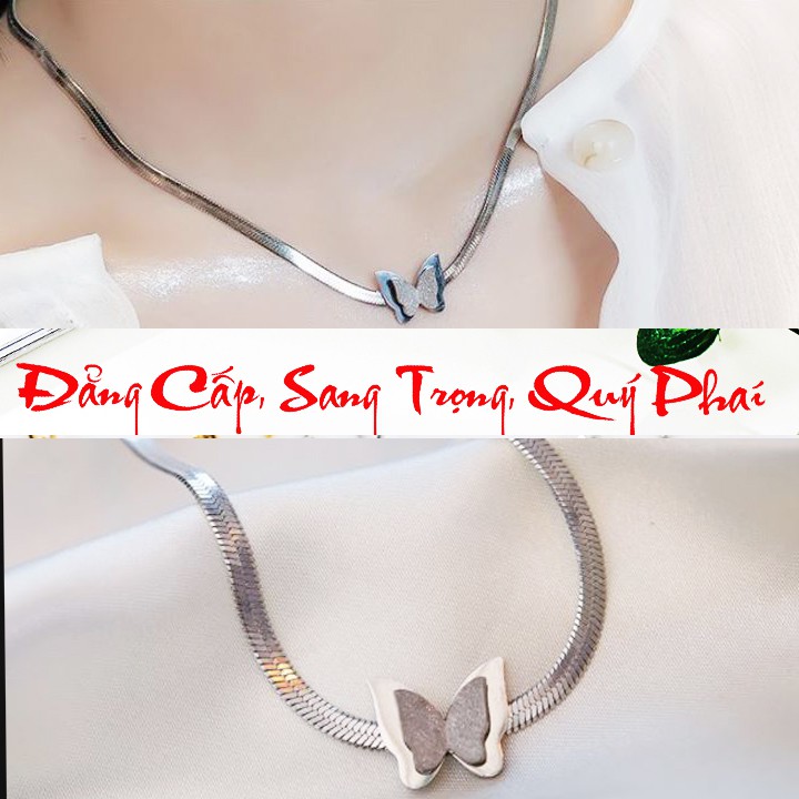 Dây chuyền nữ titan kiểu dây mì bản to đính fly màu trắng đep, không đen, hợp thời trang