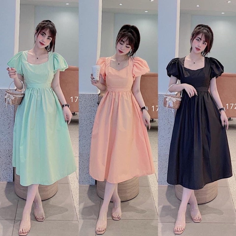 VÁY đầm xếp ly dáng xòe dài maxi TƠ HẠT HAI LỚP phối BÈO CỔ tay ngắn cổ nơ tiểu thư bánh bèo sang chảnh