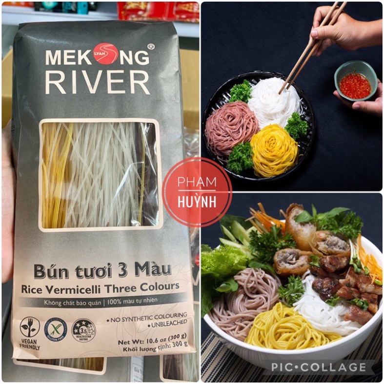 Bún tươi 3 màu (bún gạo lứt, bún nghệ, bún gạo) Mekong River 300gr