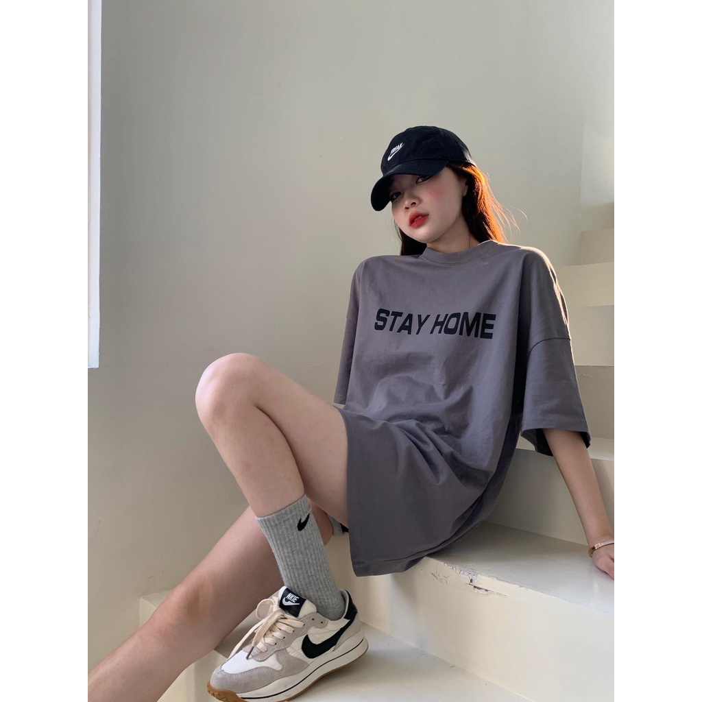 Áo thun cổ tròn tay ngắn form rộng cá tính hoạ tiết in chữ thời trang cho nữ