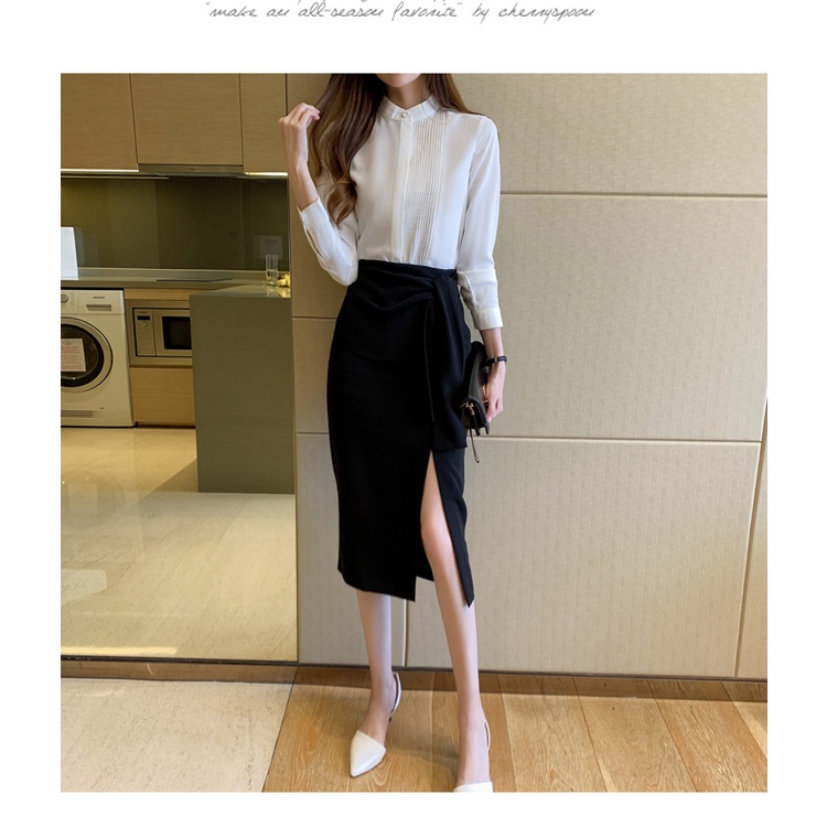 Áo Sơ Mi Công Sở Nữ Cổ Đứng Tay Dài Vải Chiffon
