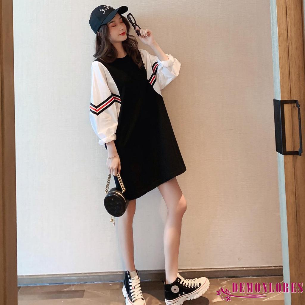 Đầm ngắn cổ tròn tay dài phối màu tương phản thời trang cho nữ