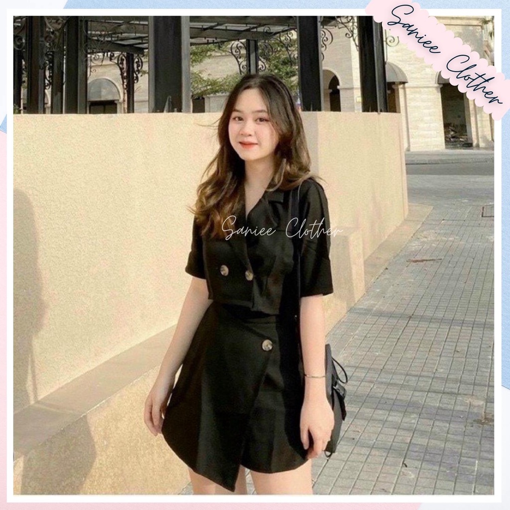 Set áo blazer cộc tay form rộng kèm quần giả váy ulzzang style hàn quốc mặc đi làm đi chơi Saniee Clother
