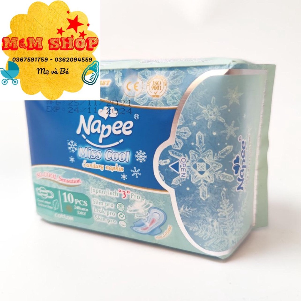 2 gói Băng vệ sinh Napee Miss Cool 24cm 10 miếng/gói the mát chip Anion kháng khuẩn siêu thấm hút, mềm mại