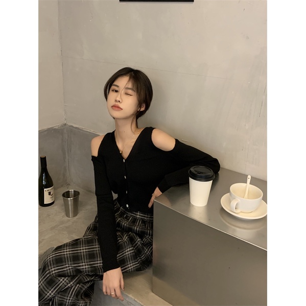 Áo Cardigan Dệt Kim Tay Dài Hở Vai Thiết Kế Mới 2021 Dành Cho Nữ