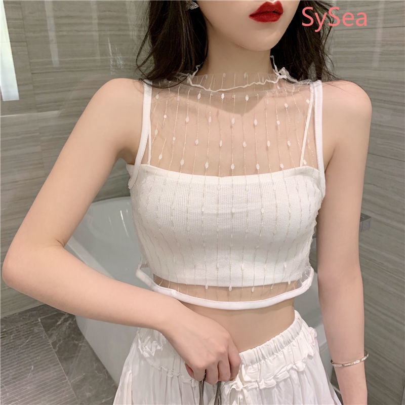 Two Piece Women's Camisole +Mesh Vest Black Sexy Croptop Summer Out Wear