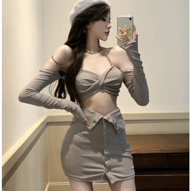 Áo thun tay dài cổ yếm / chân váy ngắn thời trang quyến rũ cho nữ