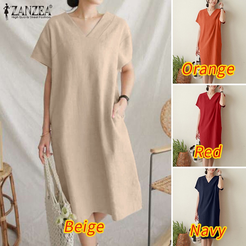 Đầm midi Zanzea tay ngắn cổ chữ v màu trơn phong cách vintage thời trang cho nữ