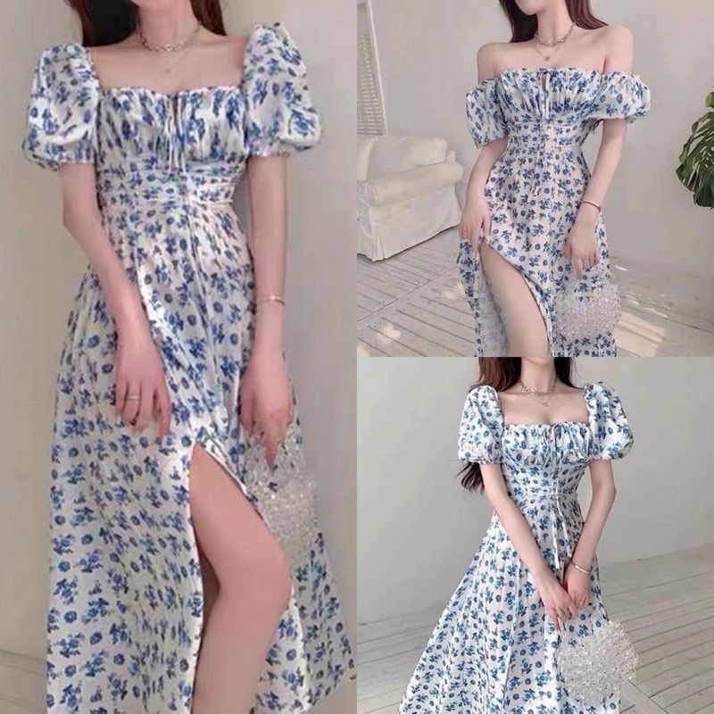 Đầm hoa retro midi nhíu ngực xẻ đùi