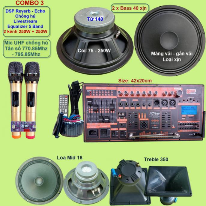 Mạch loa kéo 4 tấc đôi 2 kênh 250W + 250W DSP Reverb Echo Livestream có chống hú - Equalizer 5 Band kèm 2 tay micro