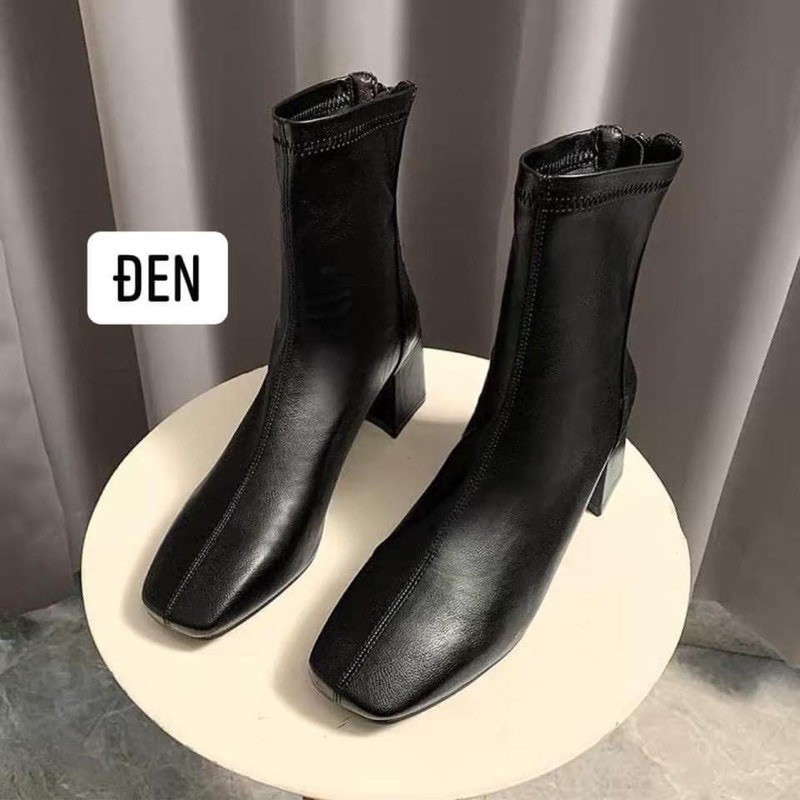 [Giày Boots Nữ Lửng da lì khóa sau 2021][bốt nữ Da Lì Mềm Gót Vuông Lót Lông gót vuông 5cm màu đen kem thời trang]