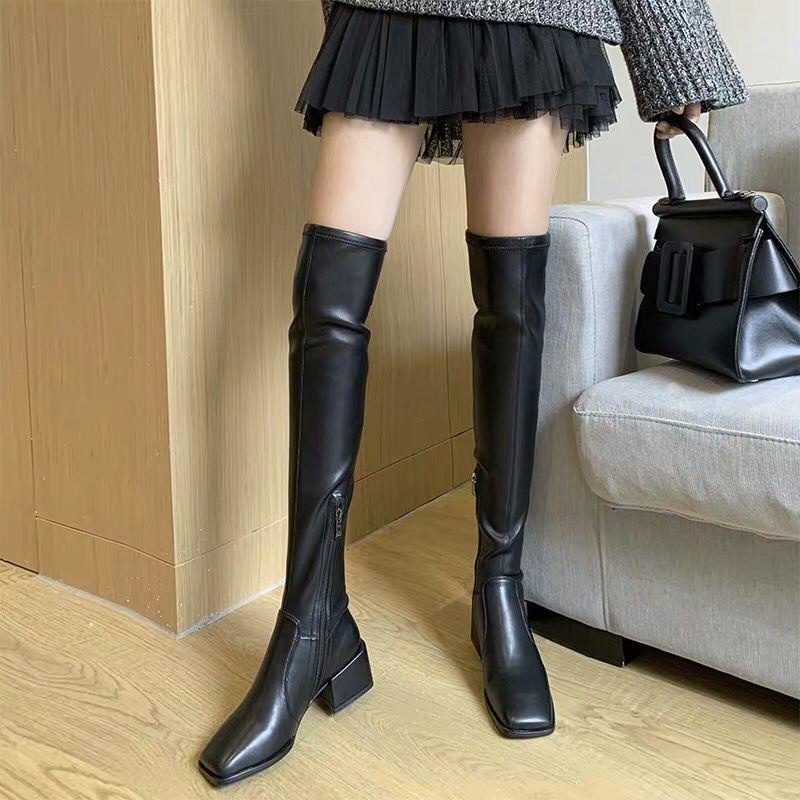 Giày Bốt Cổ Cao Qua Gối Mũi Vuông Co Giãn Thời Trang Thu Đông Hàng Mới Dành Cho Bạn Nữ