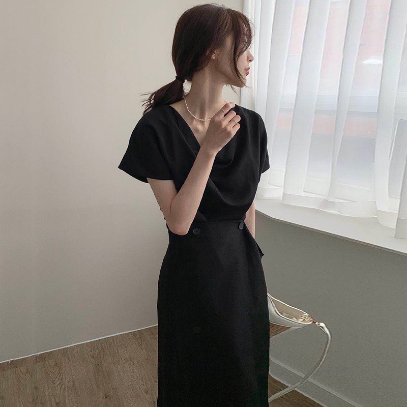 (ORDER - sẵn Đen) Váy MORAN cộc tay cổ trùng thắt eo suông dài style sang trọng thanh lịch Hàn Quốc