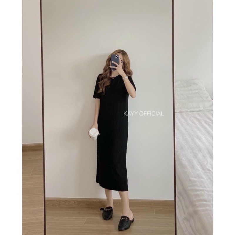 Váy len cổ tròn sọc gân dáng suông style Hàn