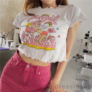 Áo Croptop Ngắn Tay In Họa Tiết Hoạt Hình Cá Tính Dành Cho Nữ