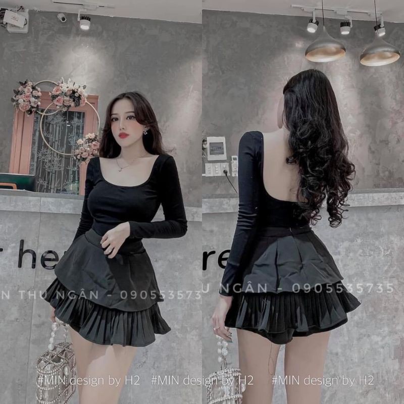 Set áo zip dài tay mix chân váy ngắn dập li kèm quần trong an toàn BCi