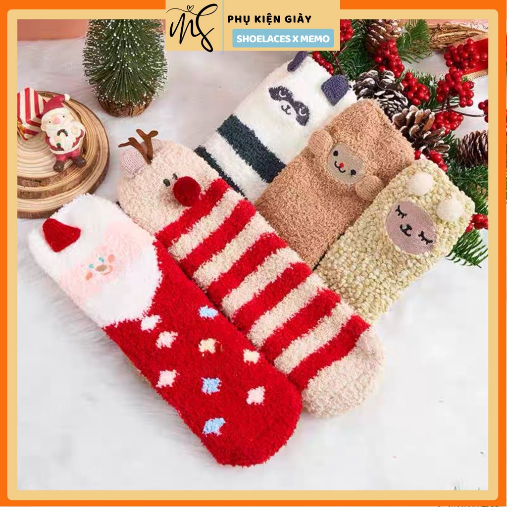 Tất vớ nữ cao cổ lông cừu san hô hoạ tiết Memolaces T12- Quà tặng tất giáng sinh Noel đặc biệt