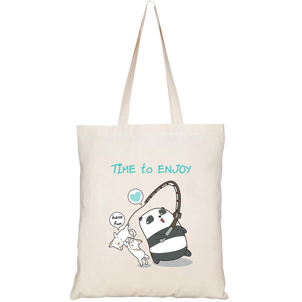 Túi vải tote canvas HTFashion in hình fisherman panda cute cats character HT132