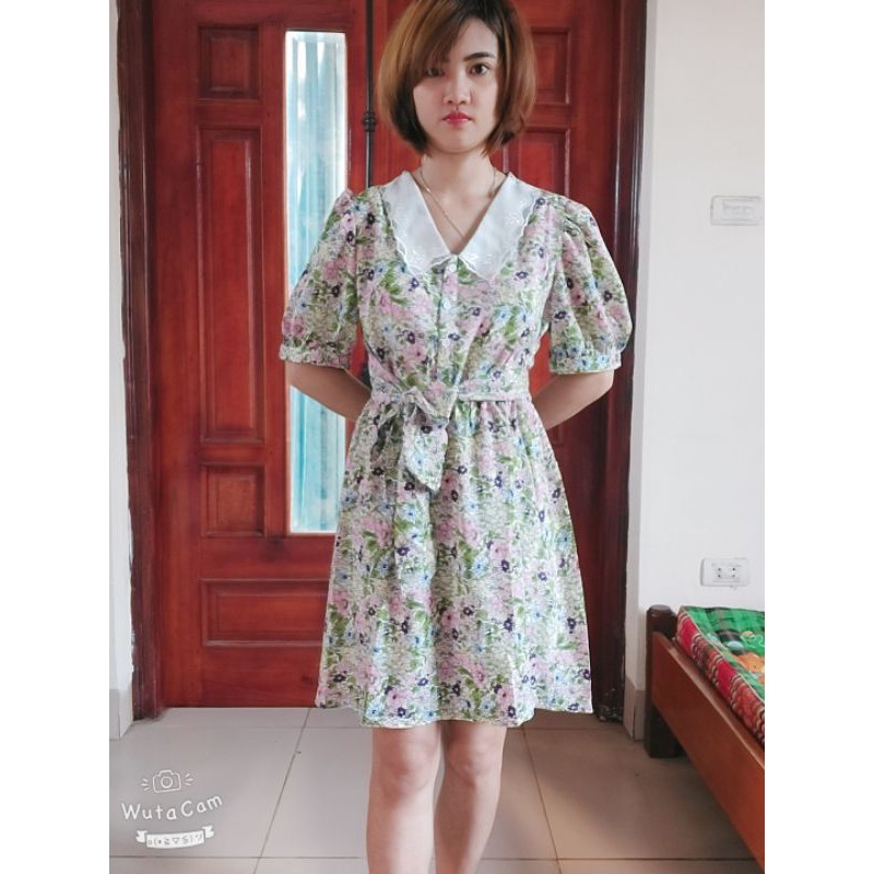 váy hoa nhí cổ ren vải đũi chất đẹp kèm ảnh tự chụp