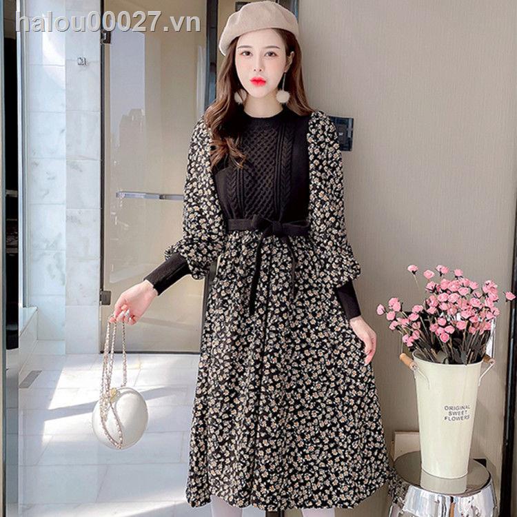 Đầm dệt kim in hoa thời trang mùa đông năm mới cho nữ