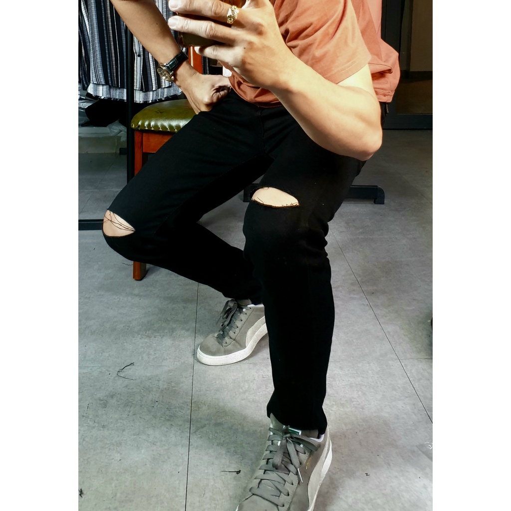 Quần jean nam rách gối màu đen TDSHOP skinny jean nam trơn chất bò co giãn 4 chiều ôm dáng cực đẹp