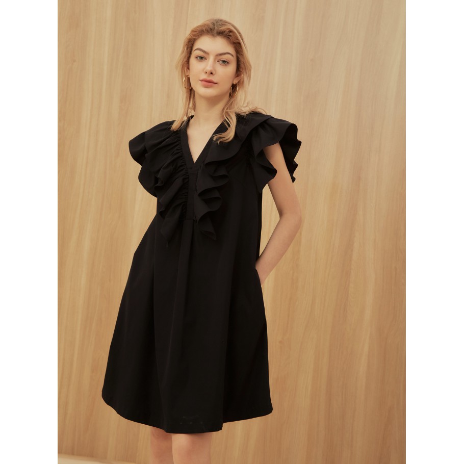COCO SIN - Đầm Đen Phom Rộng Cổ Phối Bèo