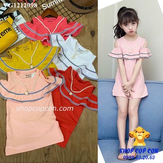 Đầm thun bé gái ngực nhún bèo, rớt vai, đính dây chuyền (24-36kg)