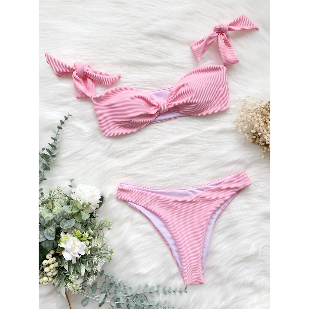 [BKN1552] &lt;ÂU&gt; SET BIKINI HỒNG BABY VẢI GÂN NƠ TAY