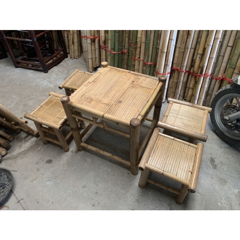 bộ đôn tre trúc 4 ghế mộc bóng, decor trang trí tết