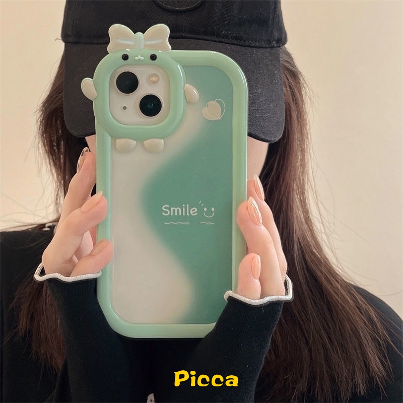 Ins Wave Green Splicing Smile Case Compatible for IPhone 7 8 6 6S Plus XR 11 12 13 Pro Max 14 Plus 14 Pro Max X XS MAX SE 2020 Cartoon 3D Bow Little Monster Lens Soft Back Cover