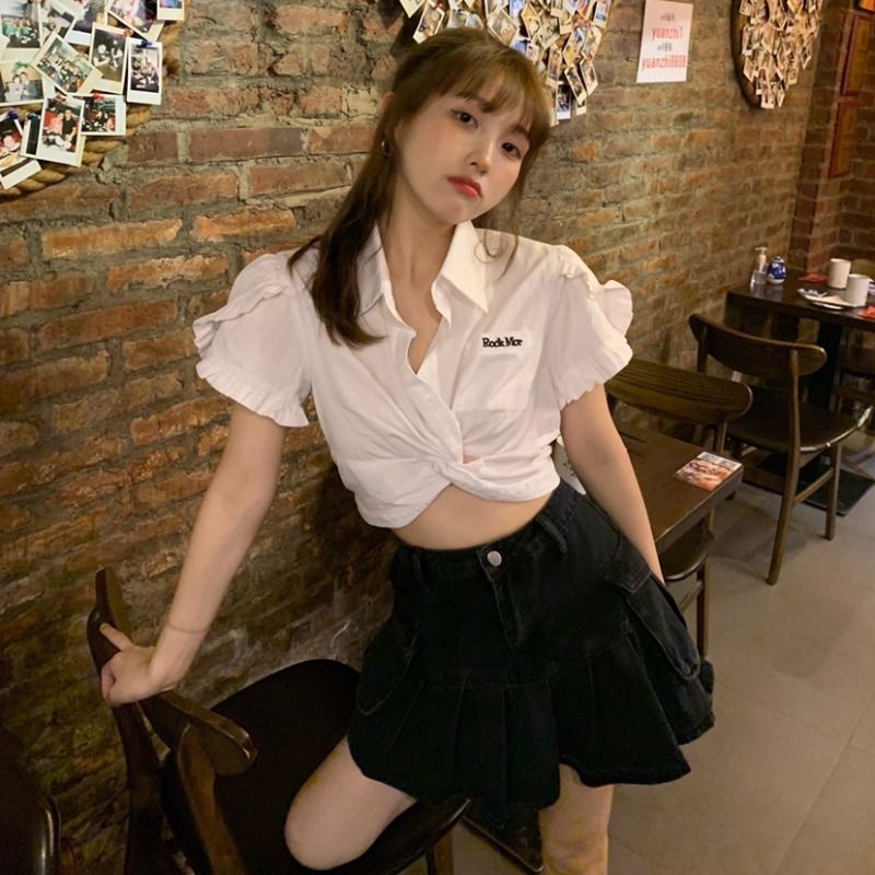 Áo croptop BH tay ngắn có túi hoạ tiết thêu thời trang mùa hè cho phái nữ