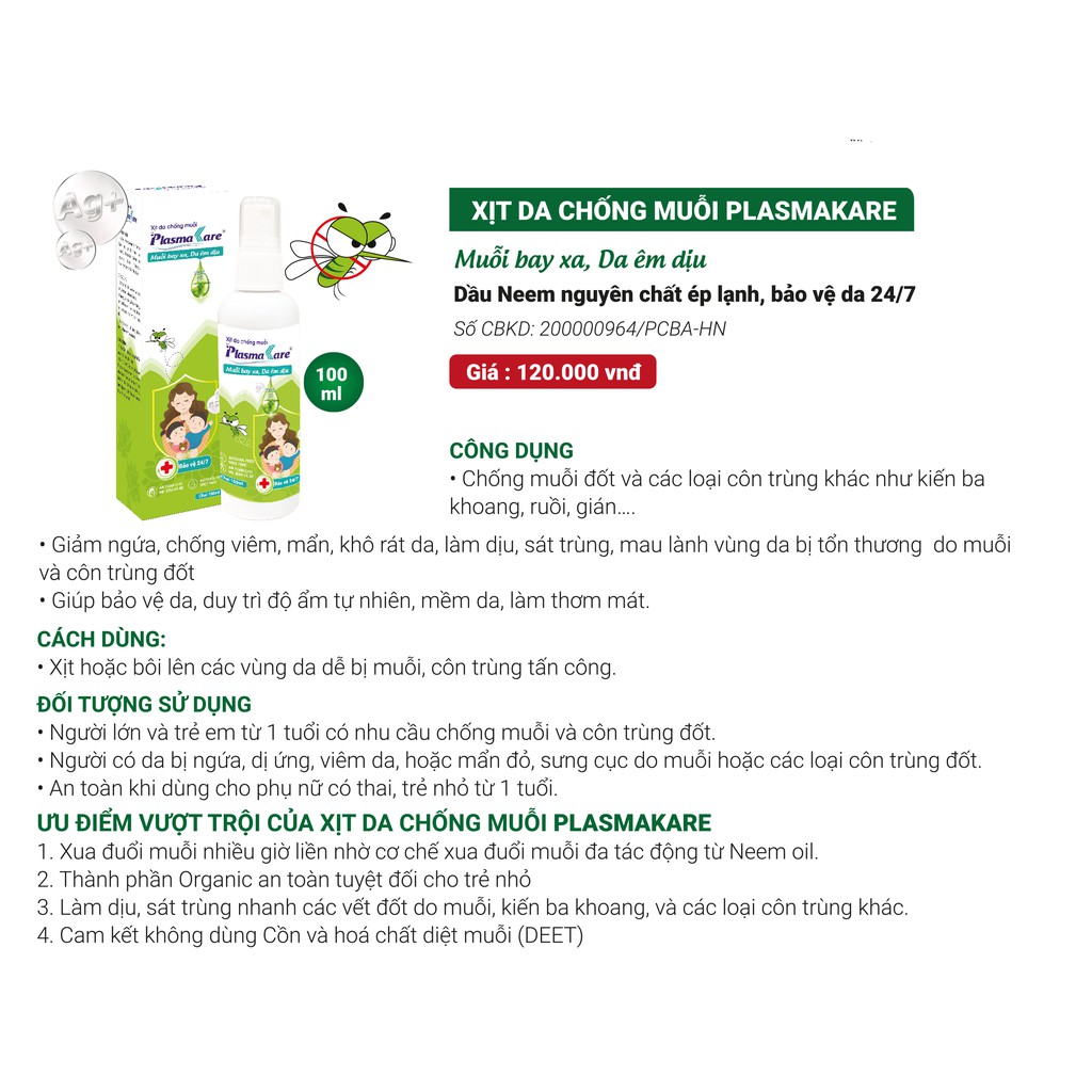 Xịt chống muỗi thảo dược Plasmakare [Dầu neem+Nano bạc]