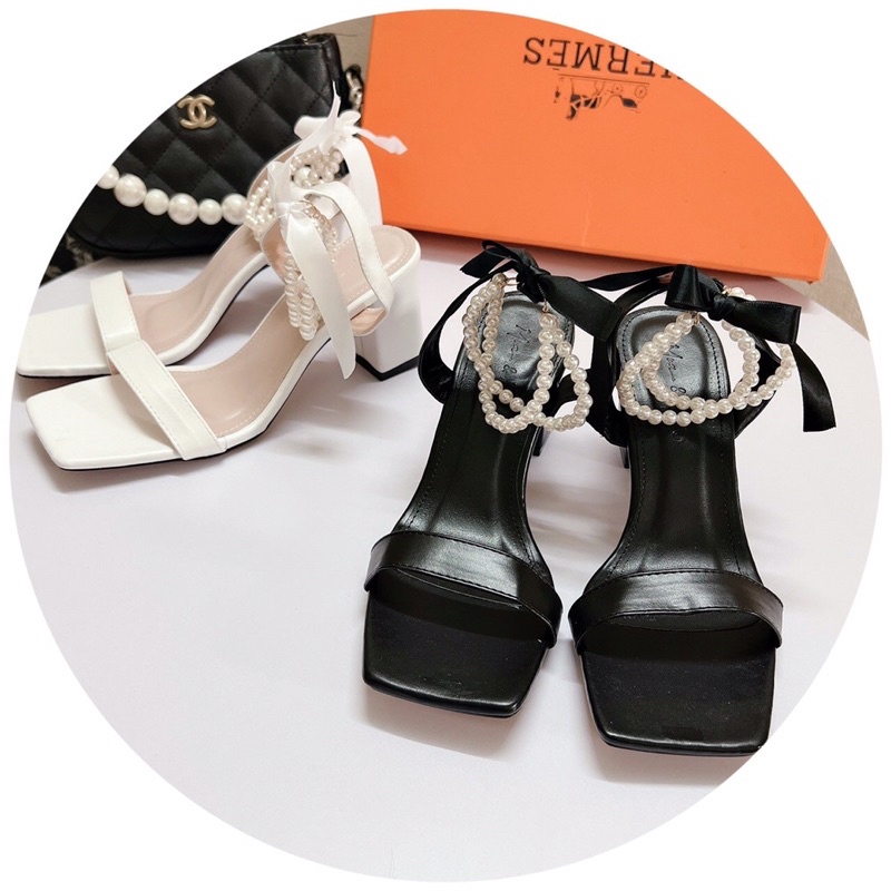 Bán Sỉ- Dép sandal nữ quai ngang da lì hai vòng ngọc cuốn cổ chân gót vuông 7cm