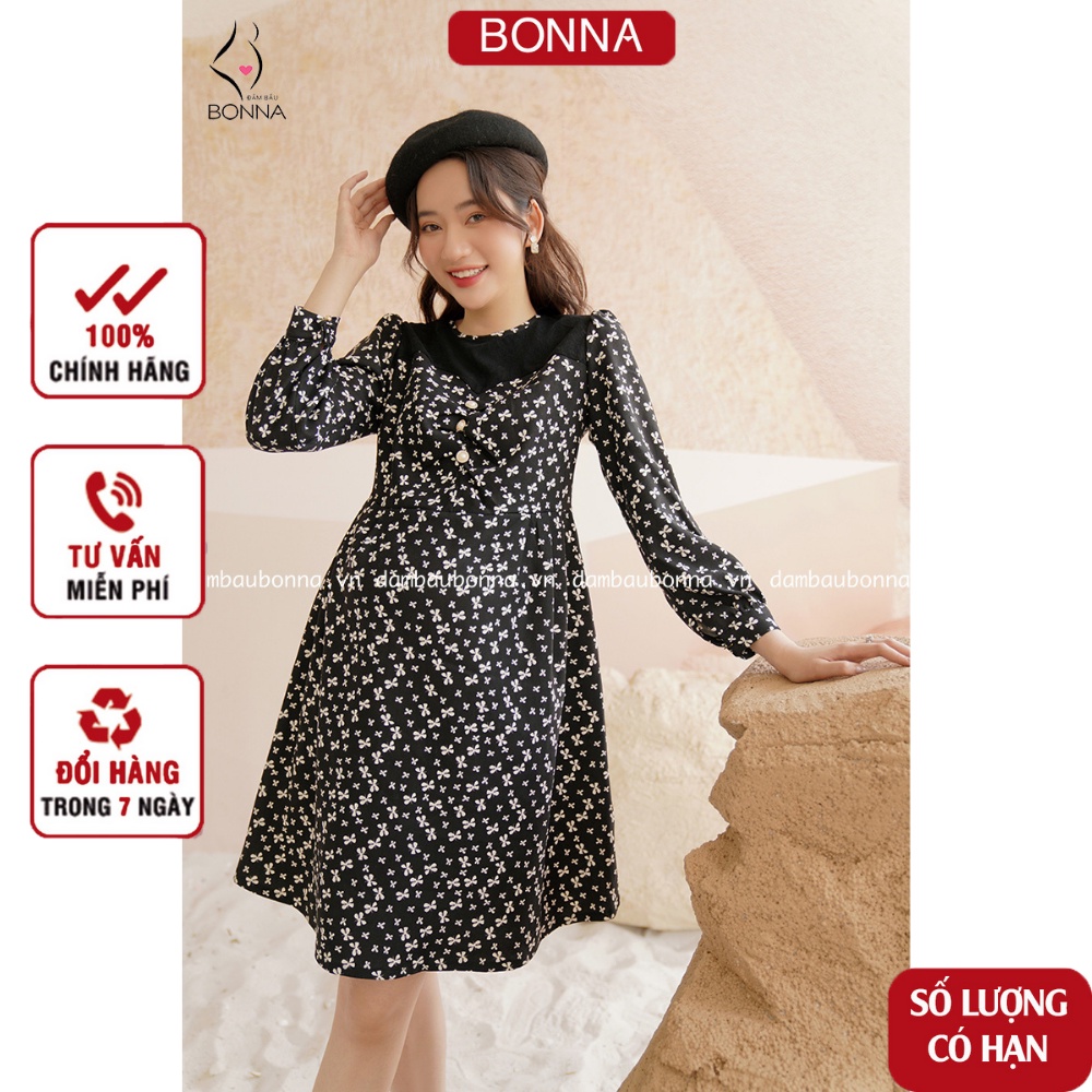 Đầm bầu công sở Bonna dáng xòe nhẹ nhàng, nữ tính, chất nhung họa tiết phối len sang trọng mặc đi làm hoặc đi tiệc VS099
