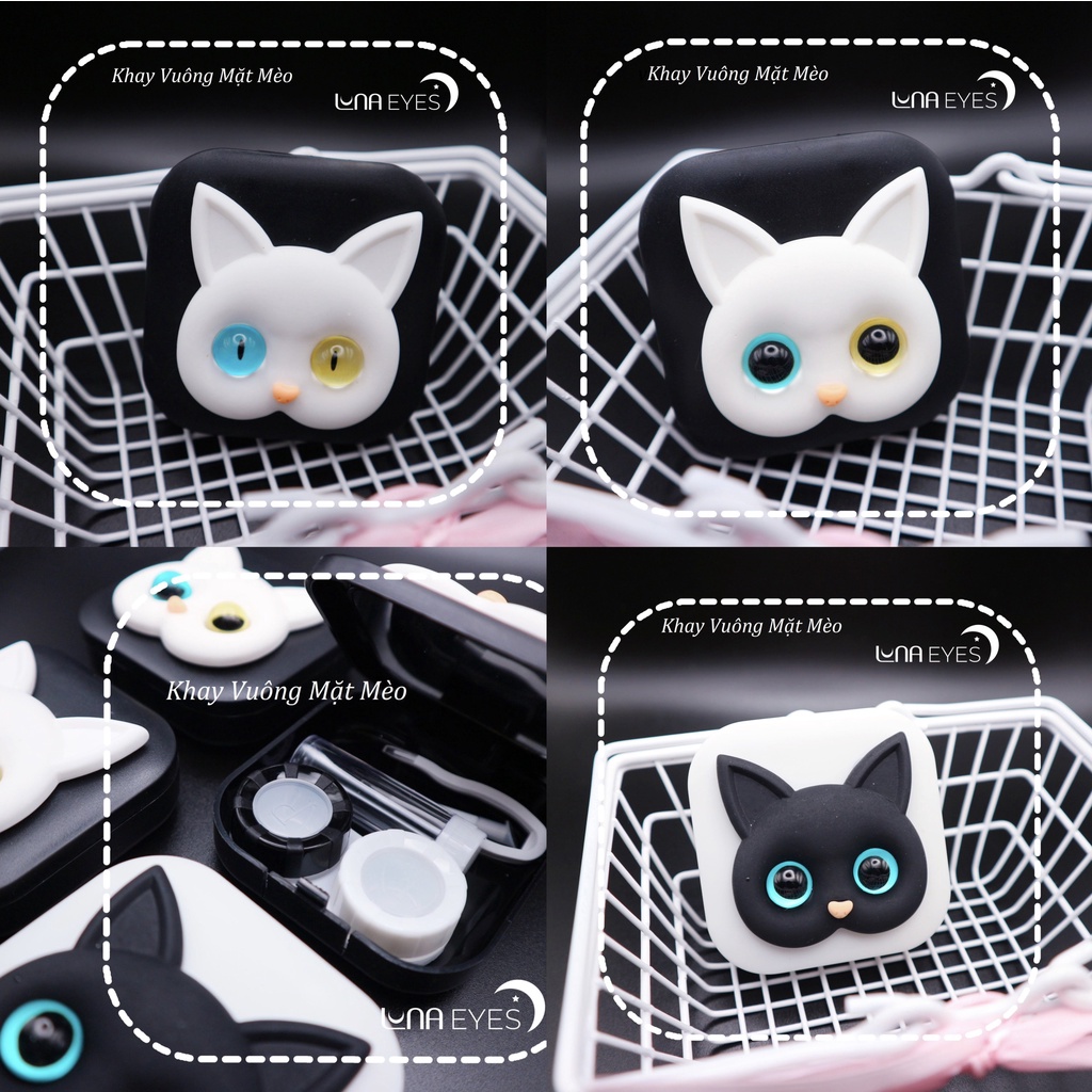 Khay gương mặt mèo LUNA EYES hộp vuông kèm dụng cụ đeo lens