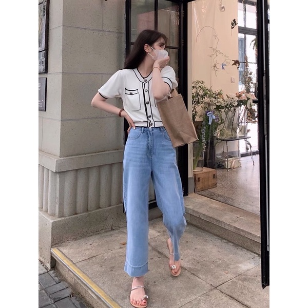Quần jean ống rộng nữ hack chân.