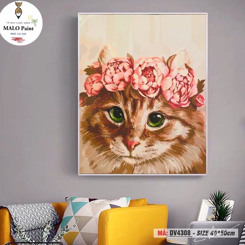 Tranh sơn dầu số hoá tự tô màu Tranh con vật Tranh mèo đội hoa