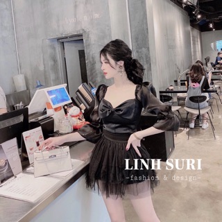 Áo lụa phối nơ + chân váy lưới tầng